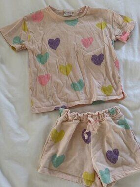 Zara Toddler Girl Pink Heart Matching Short Set- 5T